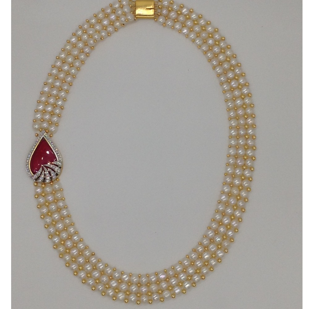 White And Red CZ Broach Set With 3 Line Button Jali Pearls Mala JPS0214 - Image 4