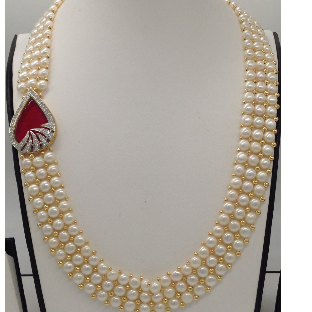 White And Red CZ Broach Set With 3 Line Button Jali Pearls Mala JPS0214 - Image 2