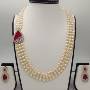 White And Red CZ Broach Set With 3 Line Button Jali Pearls Mala JPS0214