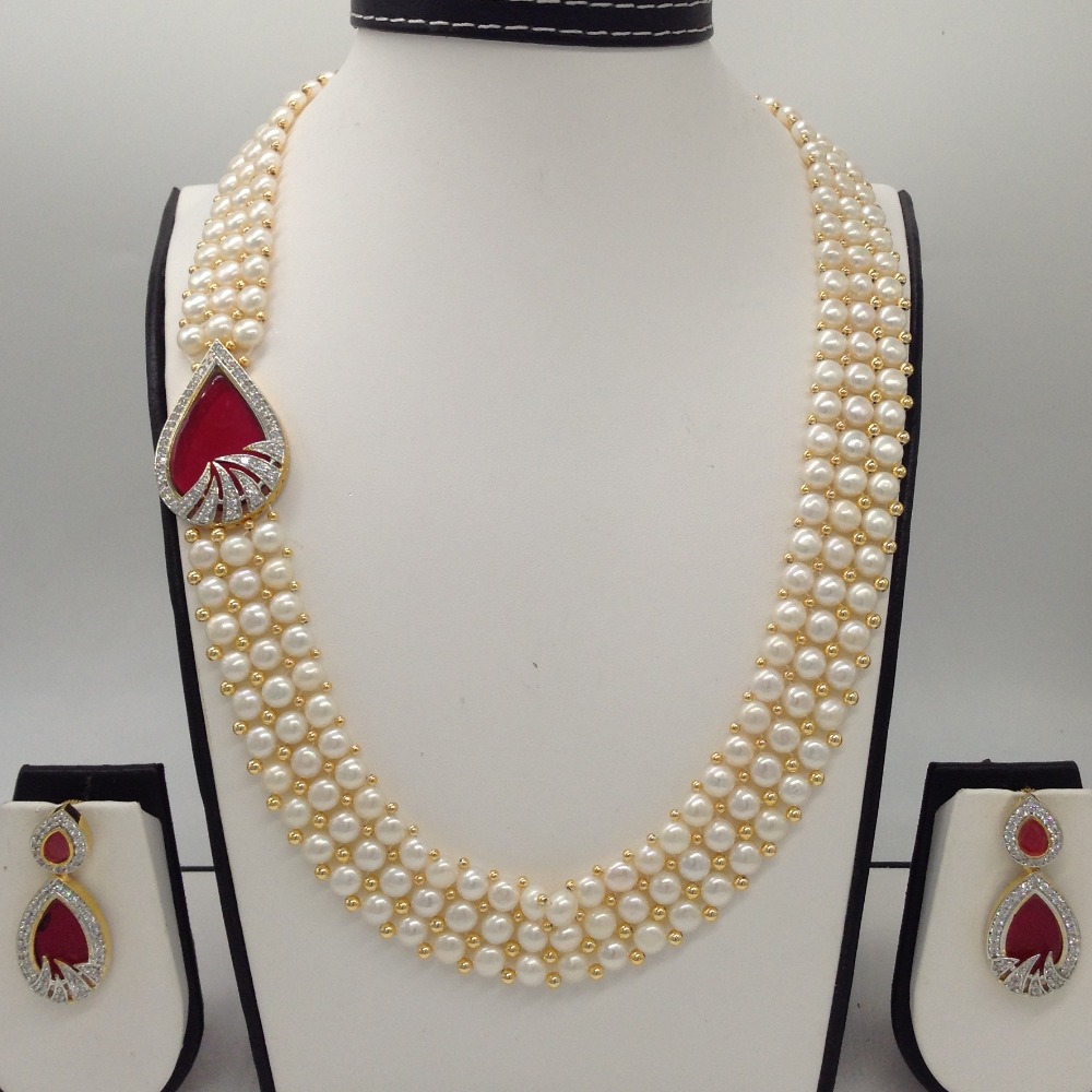 White And Red CZ Broach Set With 3 Line Button Jali Pearls Mala JPS0214