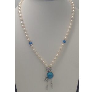 White cz,turquoise pendent set with oval pearls mala jps0165