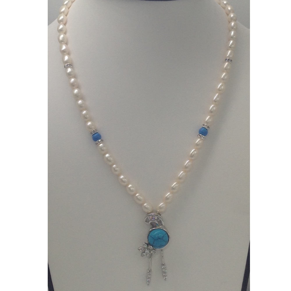 White cz,turquoise pendent set with oval pearls mala jps0165