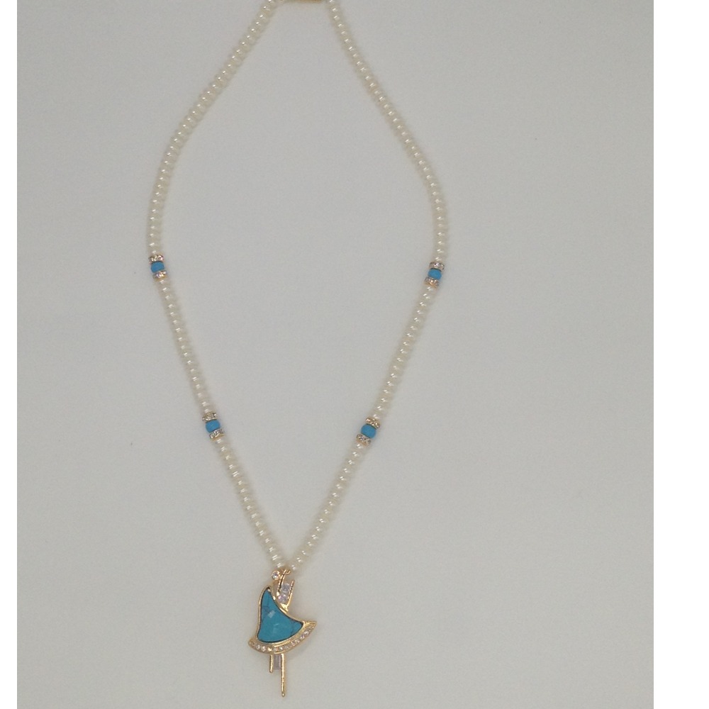 White cz,turquoise pendent set with flat pearls mala jps0174