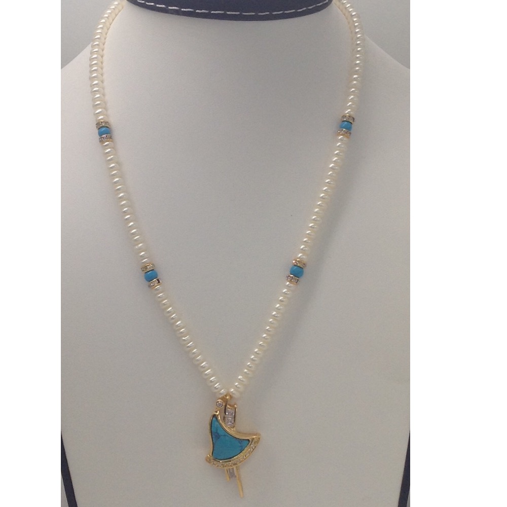 White cz,turquoise pendent set with flat pearls mala jps0174