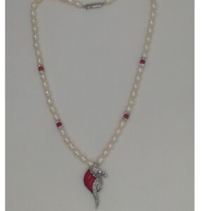 White cz,coral pendent set with oval pearls mala jps0175