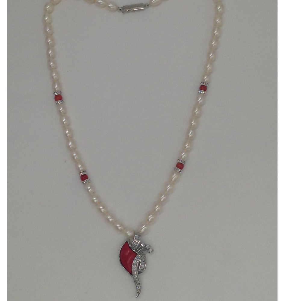 White cz,coral pendent set with oval pearls mala jps0175