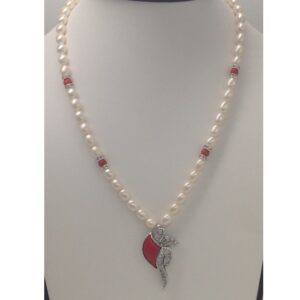 White cz,coral pendent set with oval pearls mala jps0175