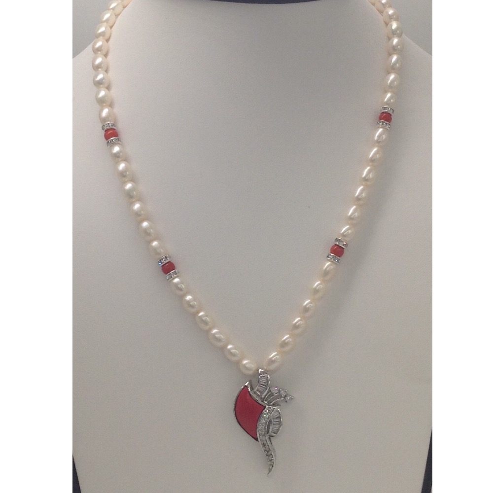 White cz,coral pendent set with oval pearls mala jps0175