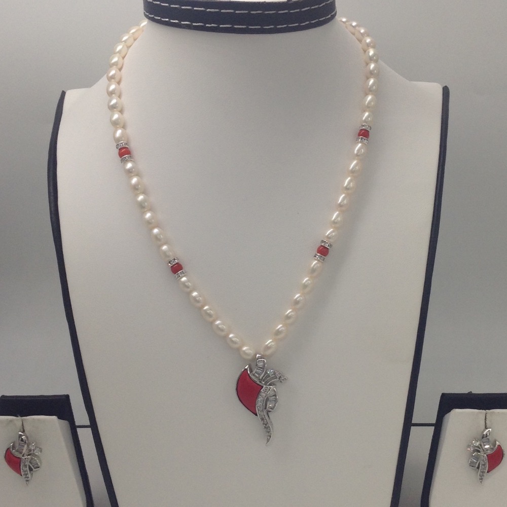 White cz,coral pendent set with oval pearls mala jps0175