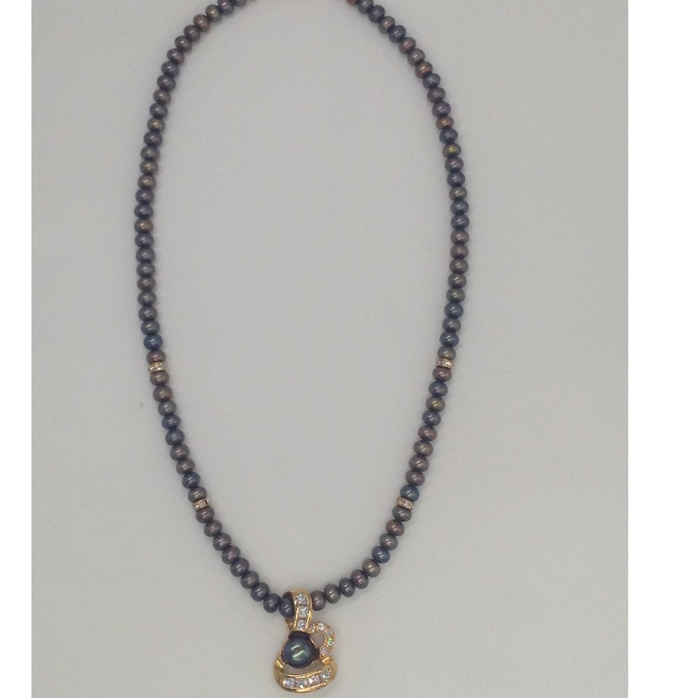 White CZ And Black Pearls Pendent Set With Black Flat Pearls Mala JPS0160 - Image 4