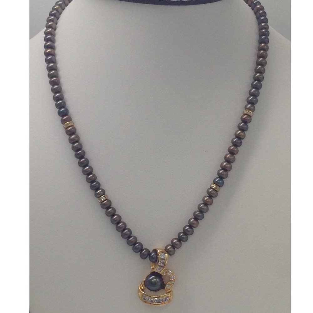 White CZ And Black Pearls Pendent Set With Black Flat Pearls Mala JPS0160 - Image 2
