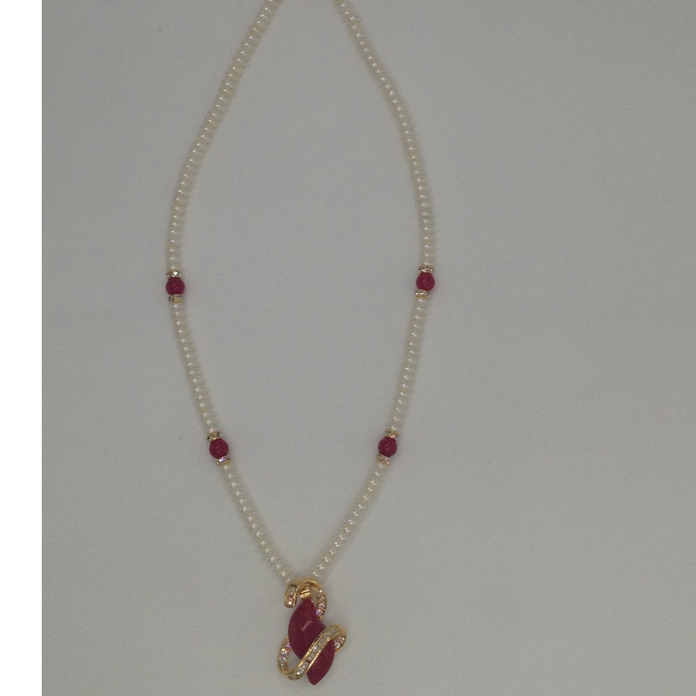 White cz,coral pendent set with flat pearls mala jps0156