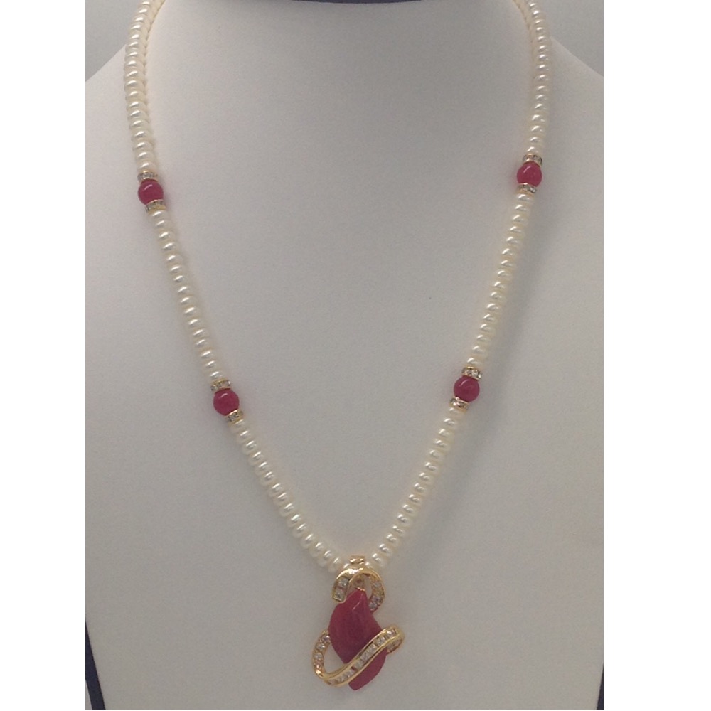 White cz,coral pendent set with flat pearls mala jps0156