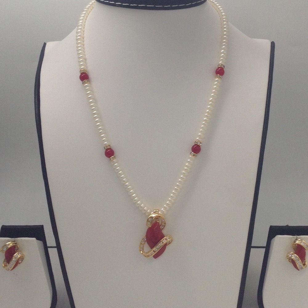 White cz,coral pendent set with flat pearls mala jps0156