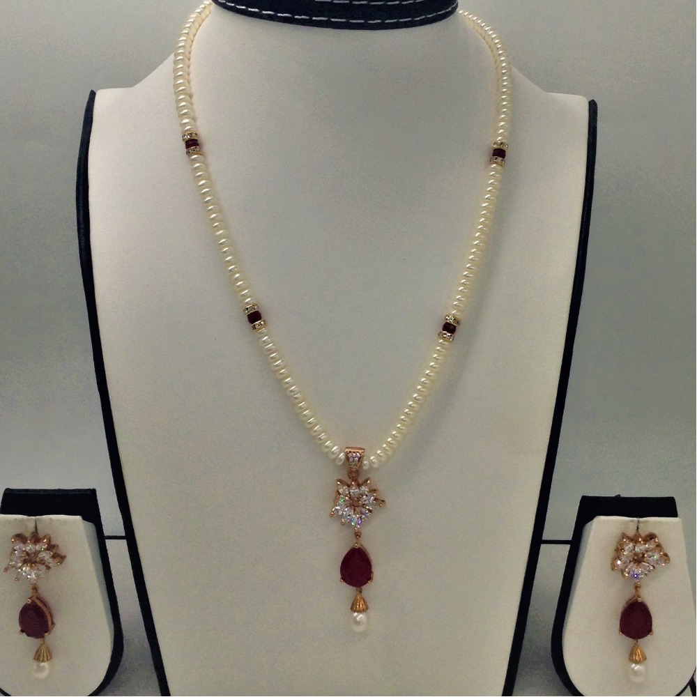 White ,red cz pendent set with flat pearls mala jps0151