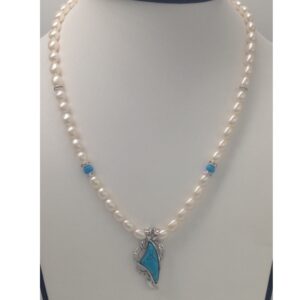 White cz and turquoise pendent set with oval pearls jps0173