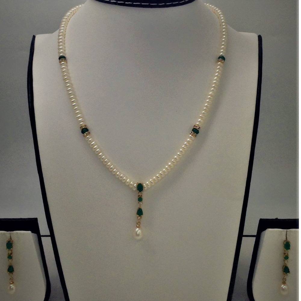 White, green cz and pearls pendent set with flat pearls mala jps0154