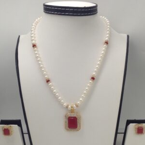 White,red cz pendent set with potato pearls mala jps0131