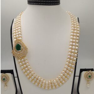 White And Green CZ Broach Set With 3 Line Button Jali Pearls Mala JPS0196