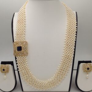 White And Black CZ Broach Set With Seed "U" Jali Pearls Mala JPS0200