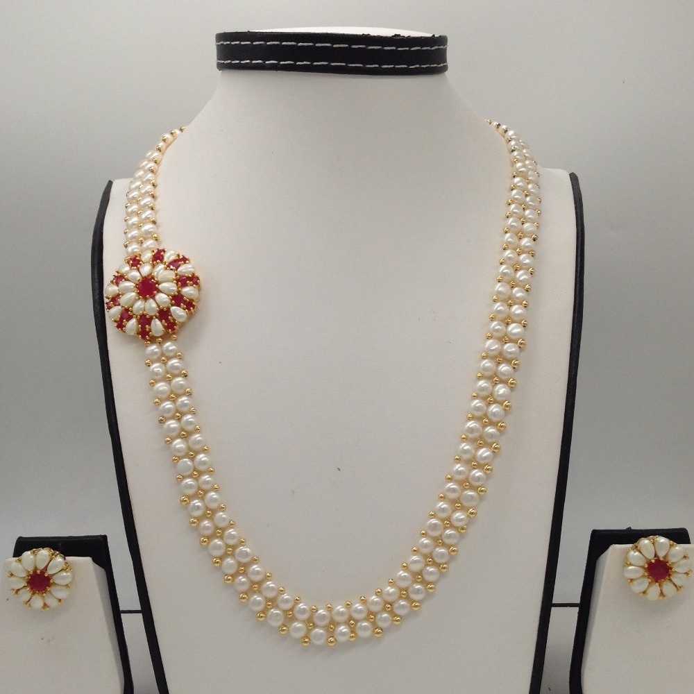 Red CZ And Pearls Broach Set With 2 Line Button Jali Pearls Mala JPS0188