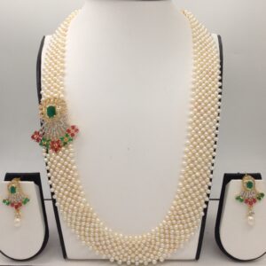 Tri Colour CZ Broach Set With Seed "U" Jali Pearls Mala JPS0201