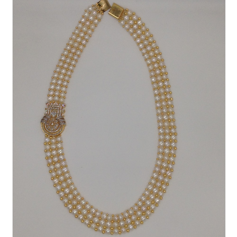 White CZ Broach Set With 3 Line Button Jali Pearls Mala JPS0192 - Image 4