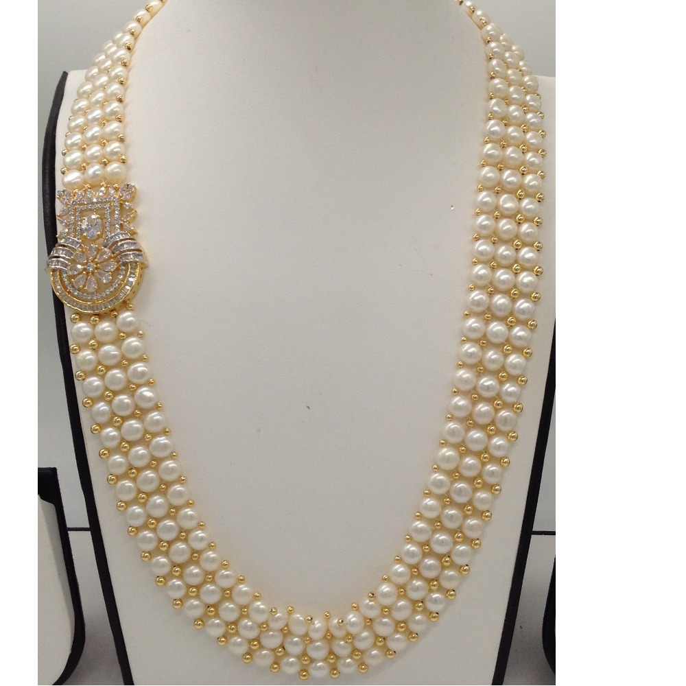 White CZ Broach Set With 3 Line Button Jali Pearls Mala JPS0192 - Image 2