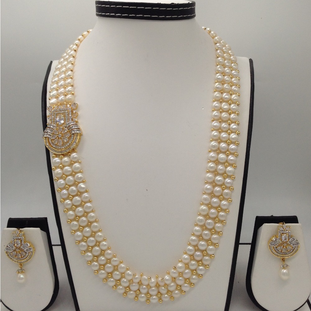 White CZ Broach Set With 3 Line Button Jali Pearls Mala JPS0192