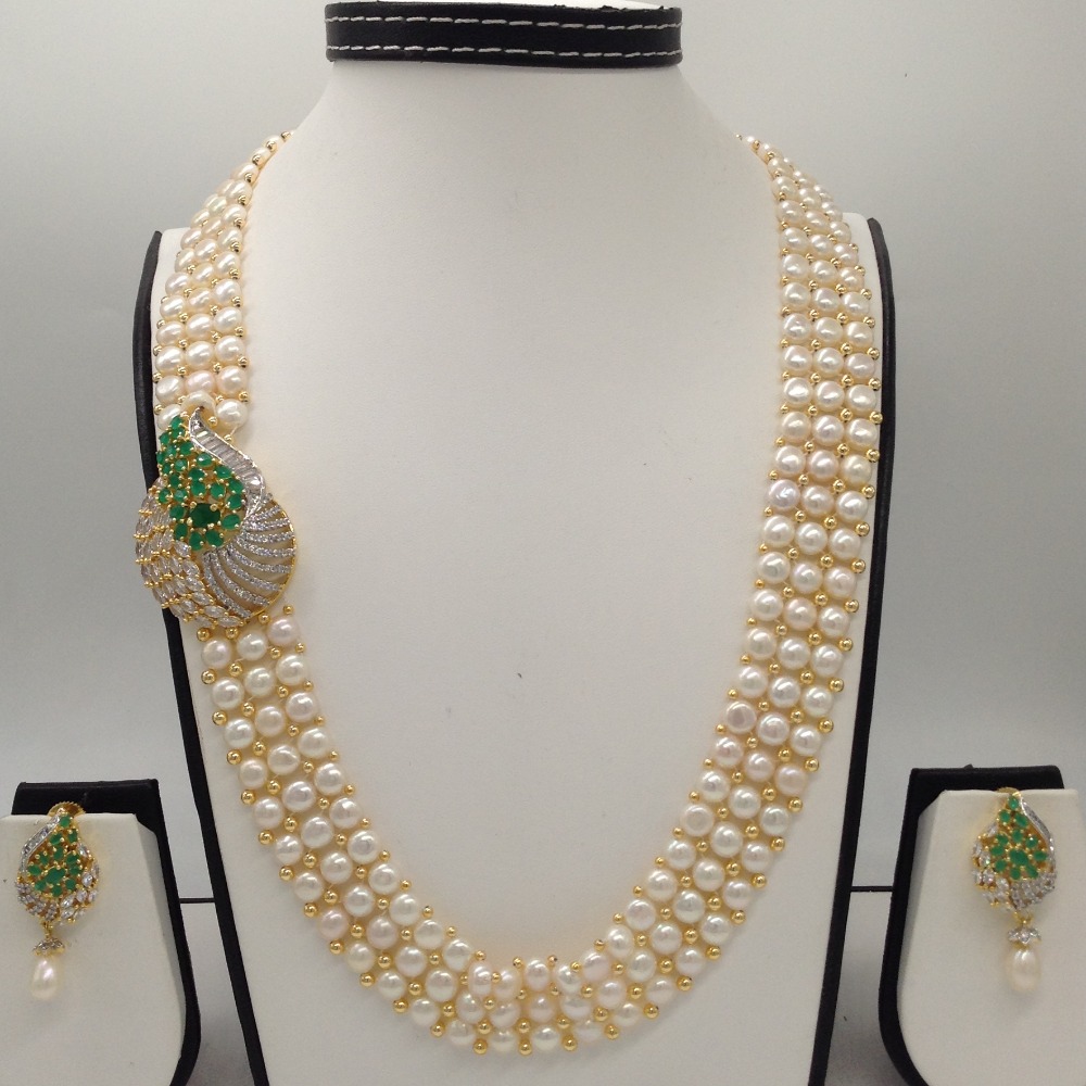 White And Green CZ Broach Set With 3 Line Button Jali Pearls Mala JPS0189