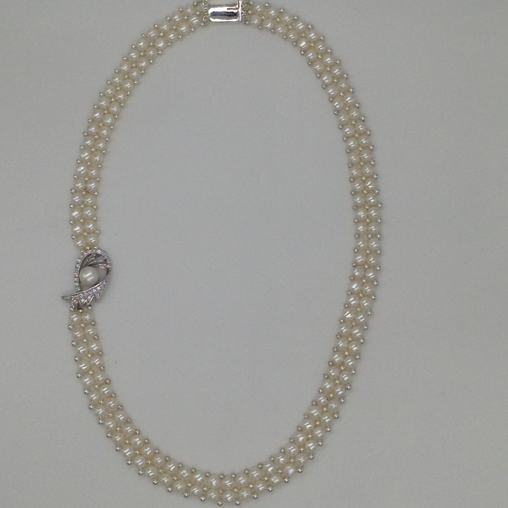 White CZ And Pearls Broach Set With 2 Line Button Jali Pearls Mala JPS0186 - Image 4