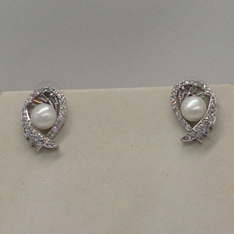 White CZ And Pearls Broach Set With 2 Line Button Jali Pearls Mala JPS0186 - Image 3