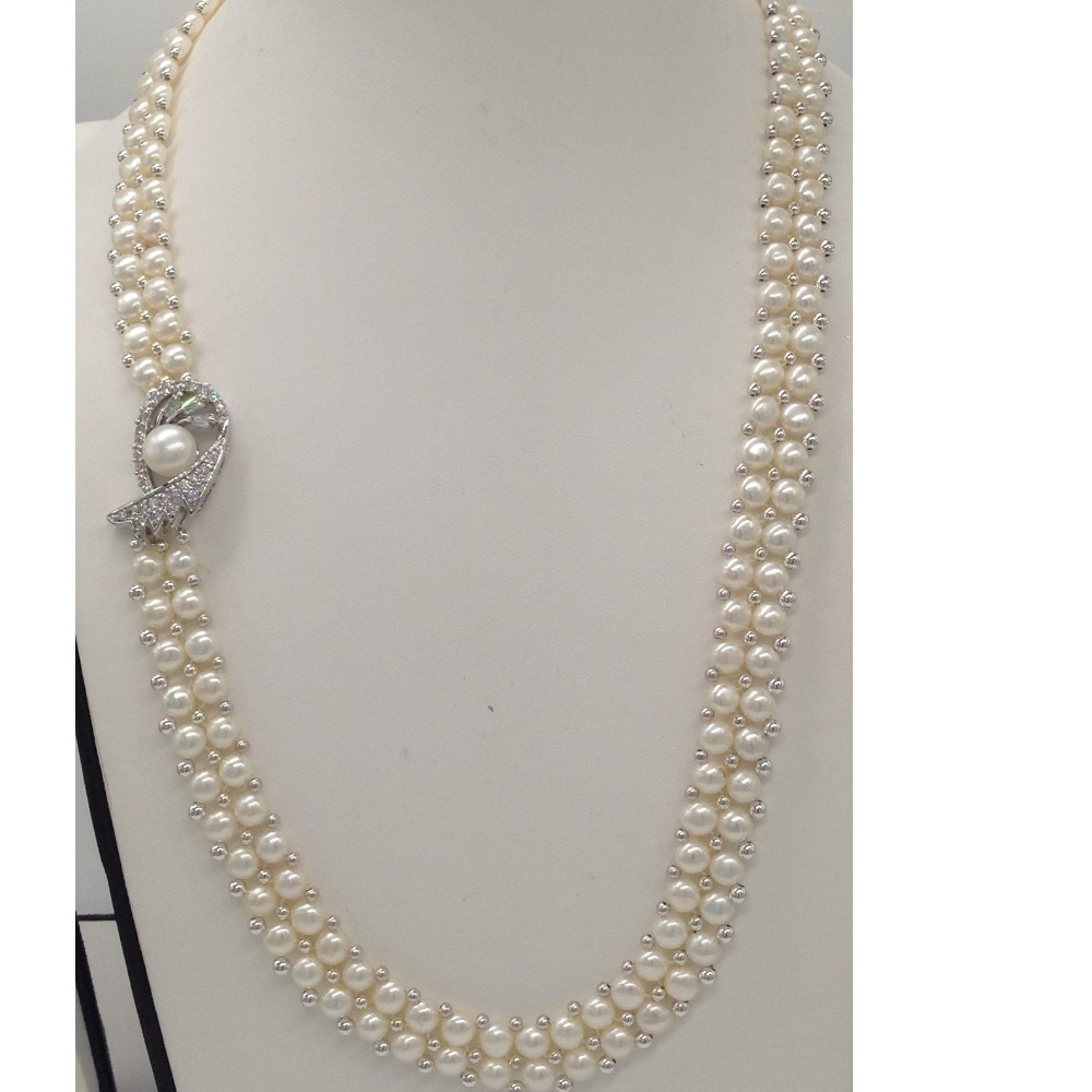 White CZ And Pearls Broach Set With 2 Line Button Jali Pearls Mala JPS0186 - Image 2