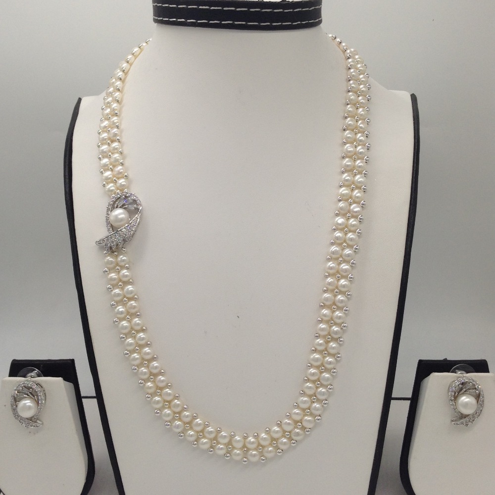 White CZ And Pearls Broach Set With 2 Line Button Jali Pearls Mala JPS0186