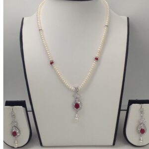 White, red cz pendent set with flat pearls mala jps0129