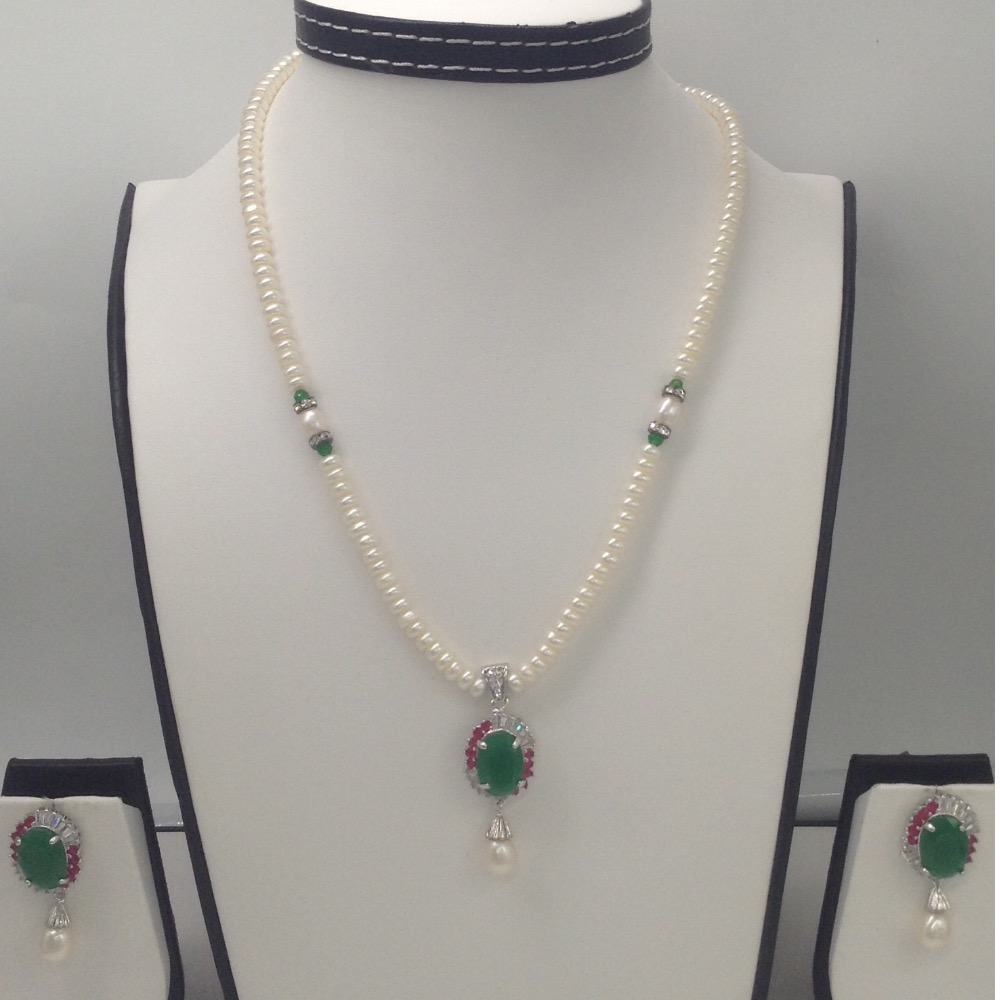 Tri colour cz pendent set with flat pearls mala jps0119