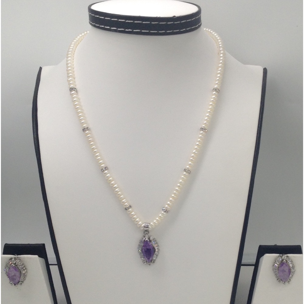 White,purple CZ pendent set with flat pearls mala jps0114
