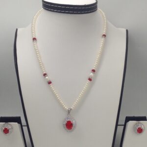White,red cz pendent set with flat pearls mala jps0111