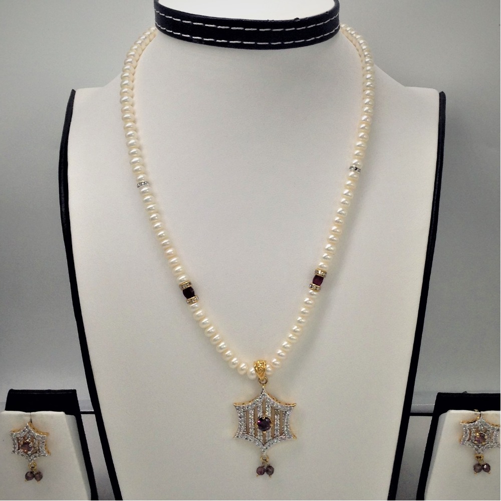 White,purple cz pendent set with flat pearls mala jps0112