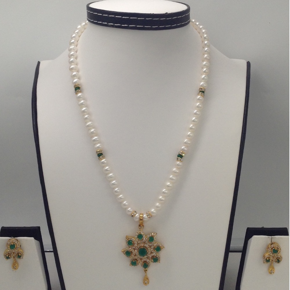 White,green cz pendent set with potato pearls mala jps0108