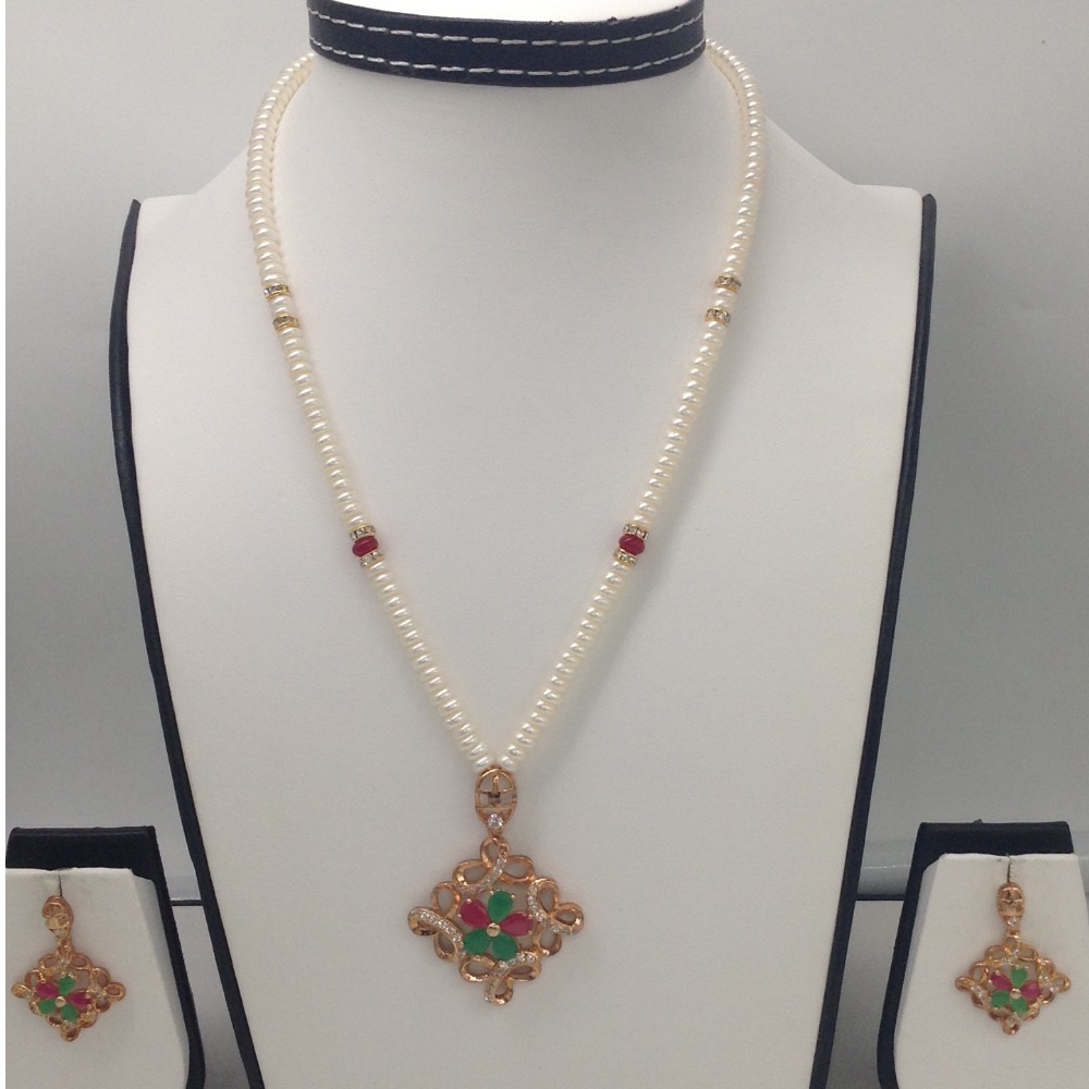 Tri colour cz pendent set with flat pearls mala jps0105