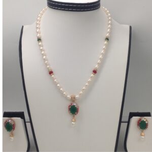 Tri colour cz pendent set with oval pearls mala jps0069