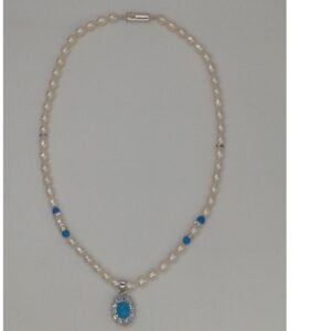 White cz,turquoise pendent set with oval pearls mala jps0085