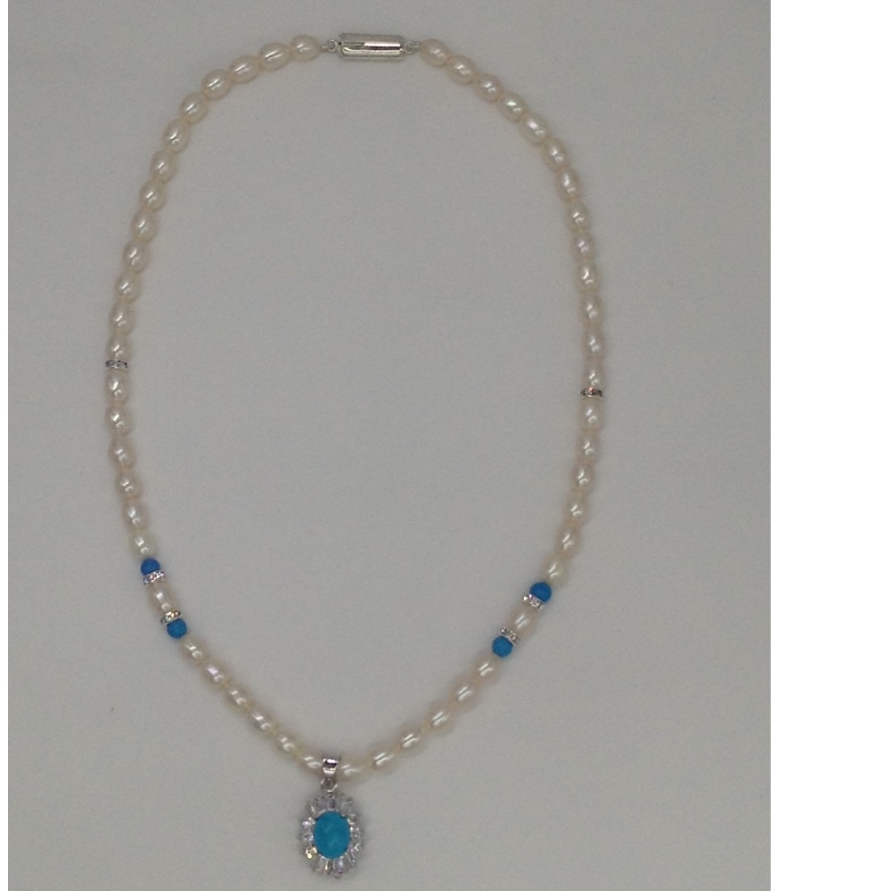 White cz,turquoise pendent set with oval pearls mala jps0085