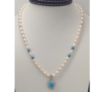 White cz,turquoise pendent set with oval pearls mala jps0085