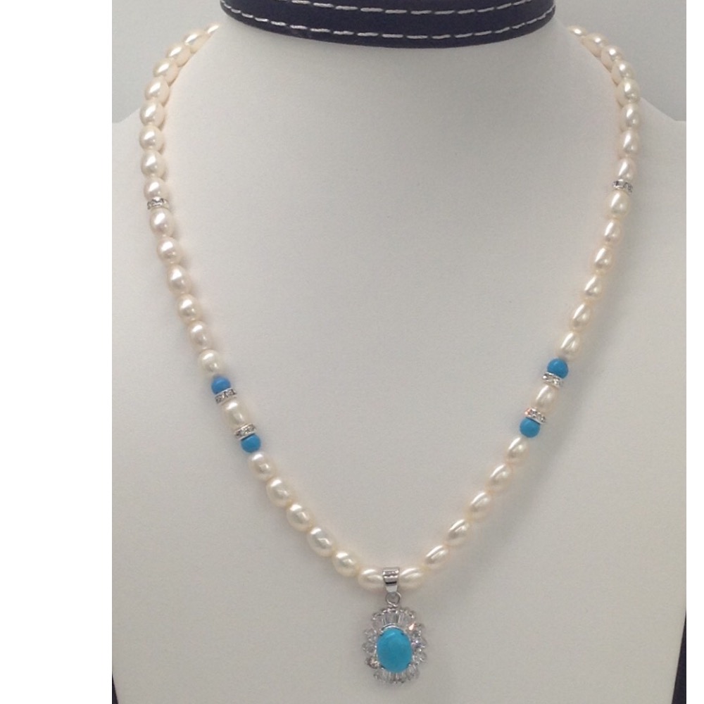 White cz,turquoise pendent set with oval pearls mala jps0085
