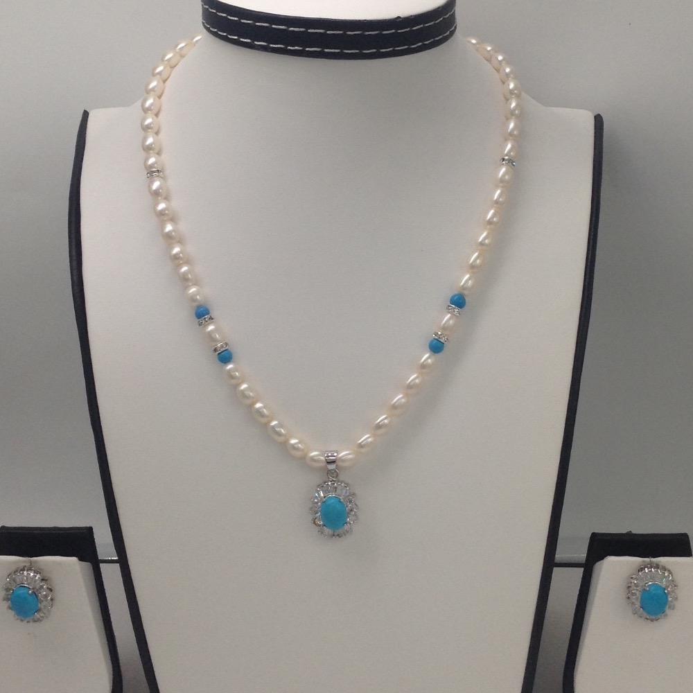 White cz,turquoise pendent set with oval pearls mala jps0085