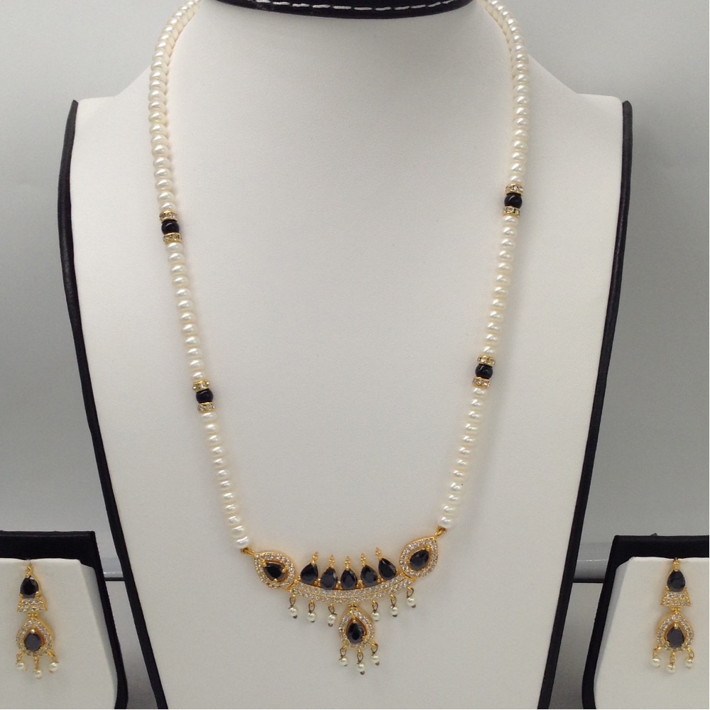White, black cz pendent set with flat pearls mala jps0089