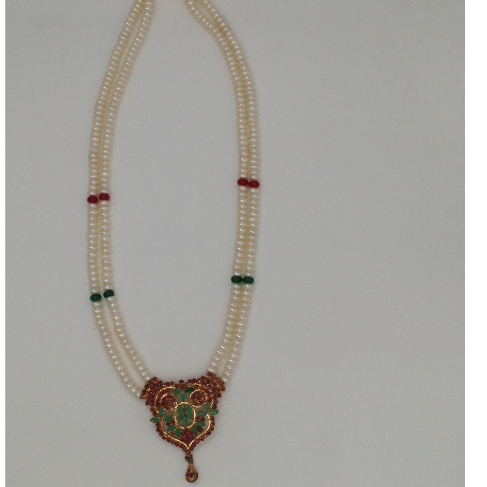 Red And Green CZ Pendent Set With 2 Layers Pearls Mala JPS0092 - Image 4