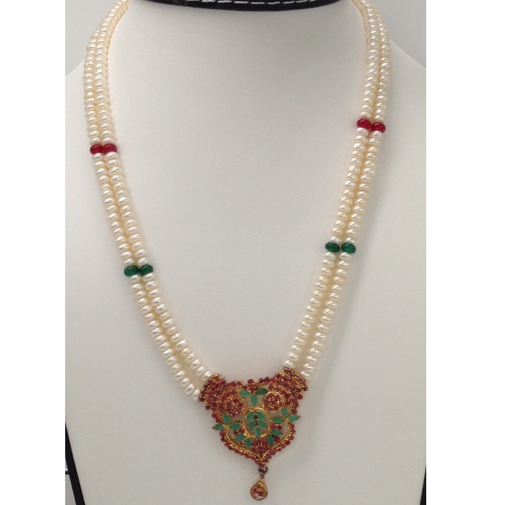 Red And Green CZ Pendent Set With 2 Layers Pearls Mala JPS0092 - Image 2